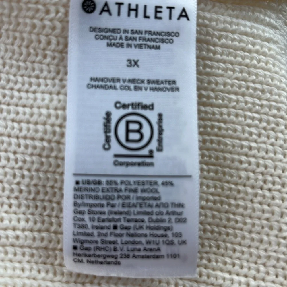 NWT Athleta Hanover Merino Blend V Neck Sweater Magnolia White Size 3X.